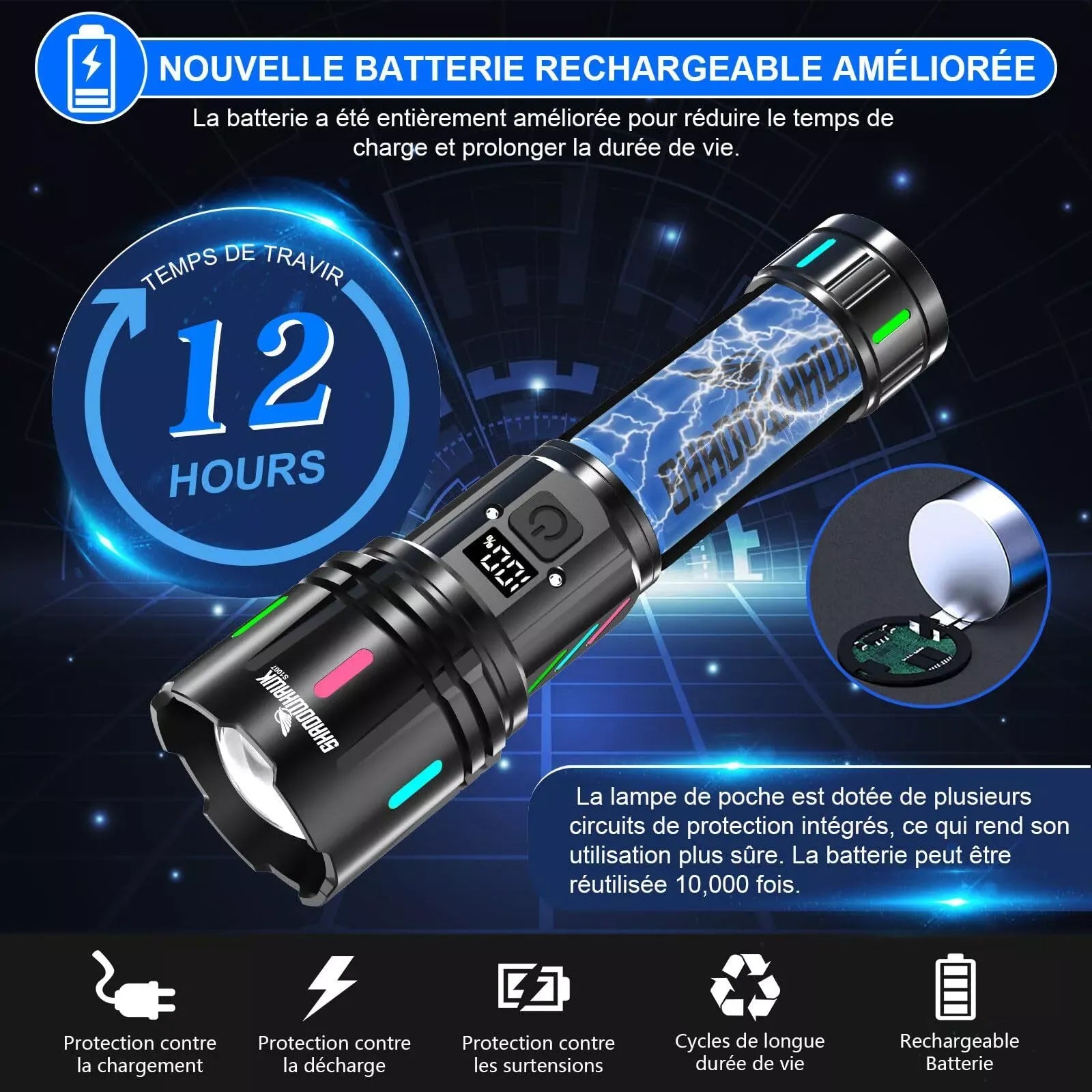 Lampe de Poche LED Rechargeable par USB à Haute Puissance, Longue Portée de 2500m