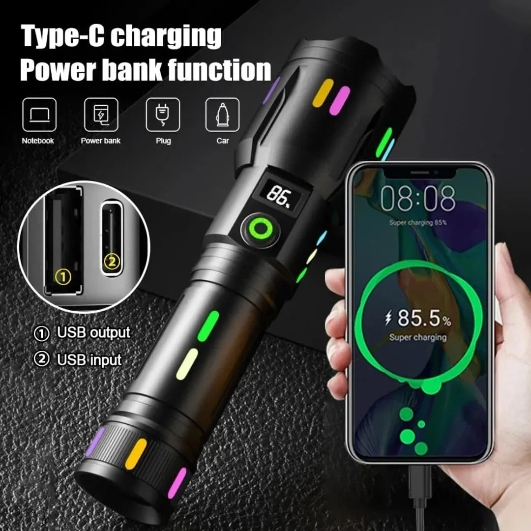 Lampe de Poche LED Rechargeable par USB à Haute Puissance, Longue Portée de 2500m